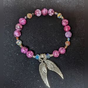Handcrafted Pink Agate Beaded Stretch Bracelet with Sterling Silver Angel Wings